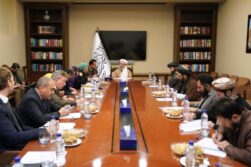 Taliban deputy prime minister, Abdul Salam Hanafi, meeting the UN deputy chief.